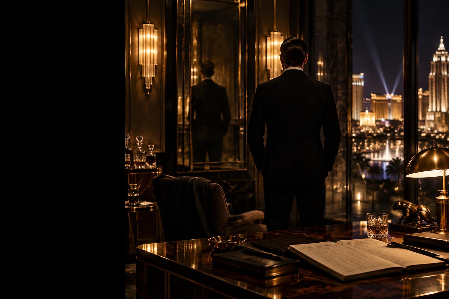 An anonymous suited figure faces a penthouse mirror.