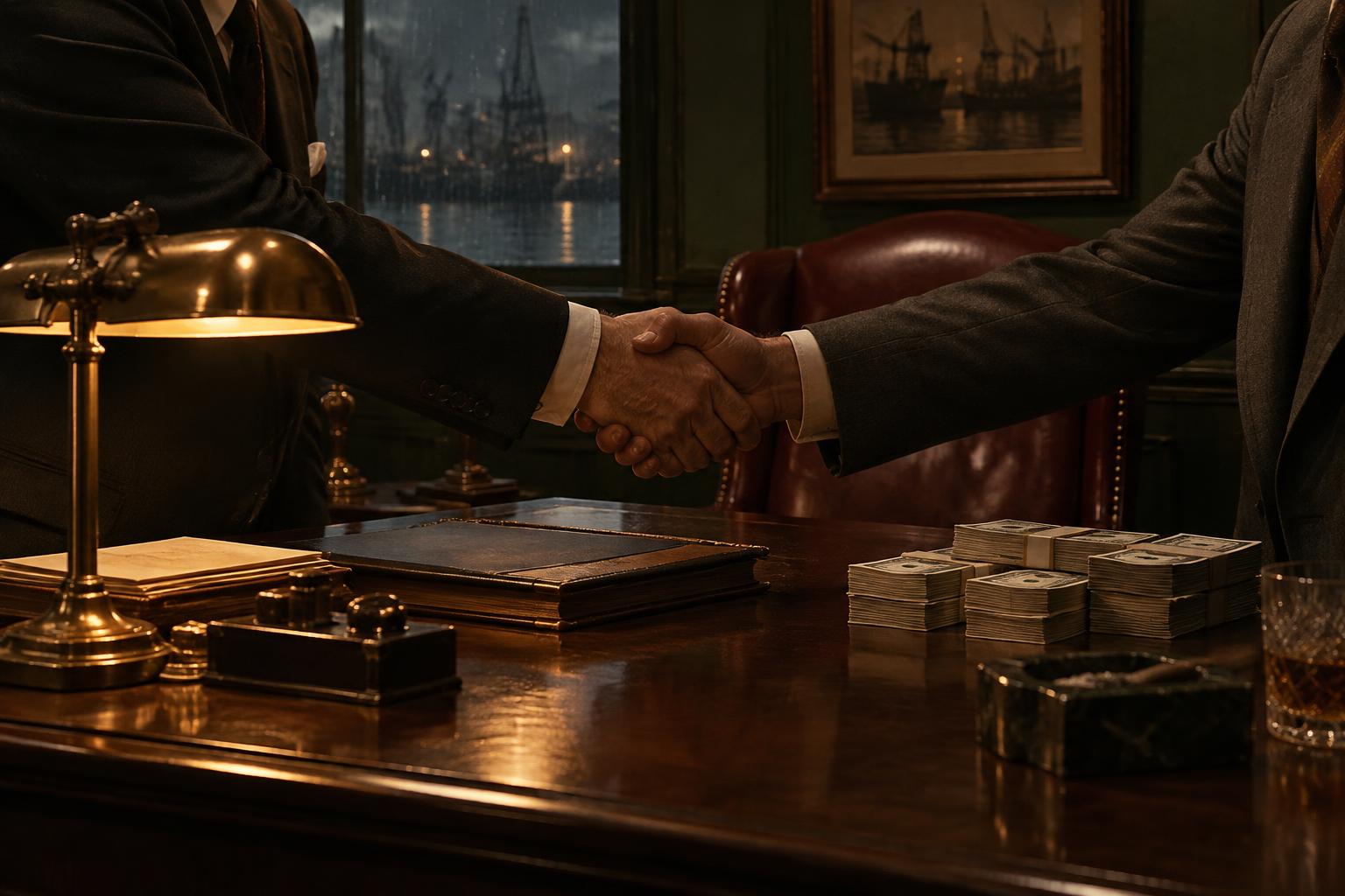 A discreet handshake above a desk with ledgers in a 1955 office.
